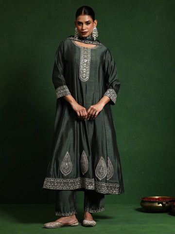 Varanga Women Zari Embroidered Anarkali Kurta With Trouser & Dupatta